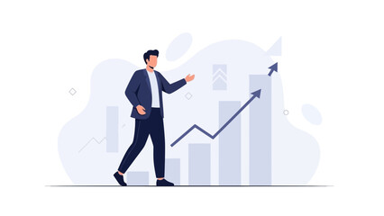 Fototapeta premium Businessman walking by rising graph, financial growth and success concept