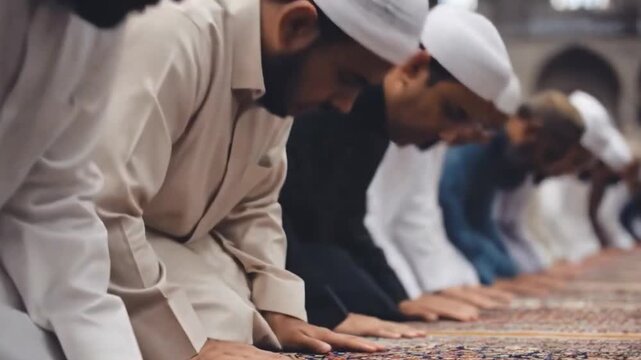 Muslim men praying in a mosque prostrated on the carpet and praying to Allah and chatning blessing and verses from Quran.