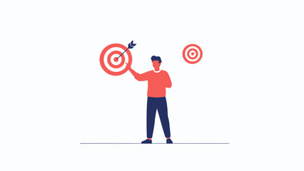 Man hitting bullseye on target, business goals and success concept, minimalist illustration