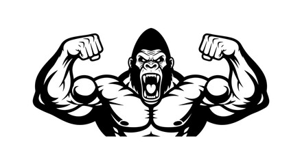 Muscular Gorilla Mascot Roaring and Flexing Biceps. Black and White Vector Illustration of Strong Ape Bodybuilder. © aul