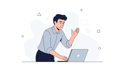 Man working on laptop, presenting ideas with hand gestures, modern flat illustration