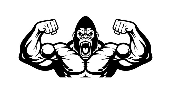 Muscular Gorilla Mascot Roaring and Flexing Biceps. Black and White Vector Illustration of Strong Ape Bodybuilder.
