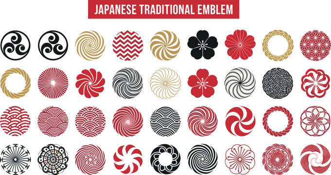Japanese traditional emblem set with kamon symbols, red, black, and gold circular patterns, decorative oriental motifs for cultural branding and asian designs.