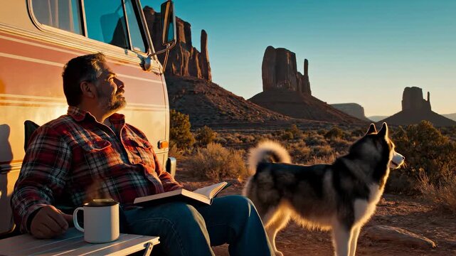 Concept of family travel and vacation using RV camping car and bringing pets and dogs with you to enjoy vacation