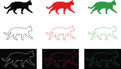 Walking Cat Silhouette and Line Art Vector Set, Colorful Kitty Icon Pack for Design © GHULAM Abbbas