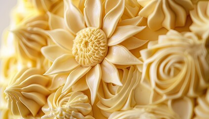 Close-up of yellow dessert with intricate, piped buttercream flower and swirl designs