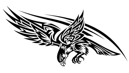 Black and white illustration of an eagle in flight with dynamic motion lines.