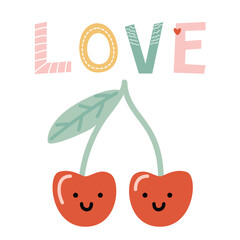 Fototapeta premium Love typography illustration, cute cherry characters, playful design 