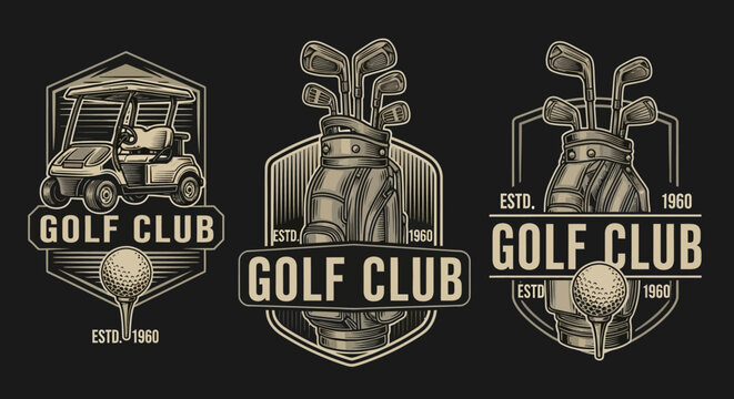 Vintage Golf Club Logos Set. Retro Monochrome Badges with Golf Cart, Bag of Clubs, and Ball on Tee.