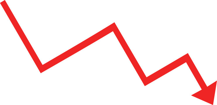 Red downward trending arrow graph line icon isolated on transparent background