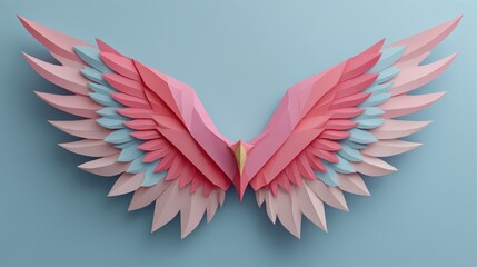 Fototapeta premium A vibrant, artistic representation of pink and blue paper wings, showcasing detailed craftsmanship and creativity against a soft blue background.