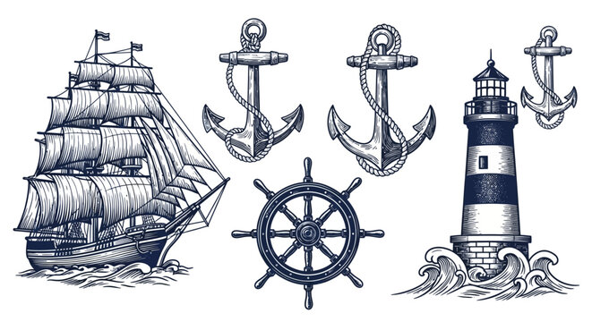 Vintage Nautical Set: Tall Sailing Ship, Lighthouse, Anchor, and Ship Wheel in Detailed Woodcut Engraving Style.