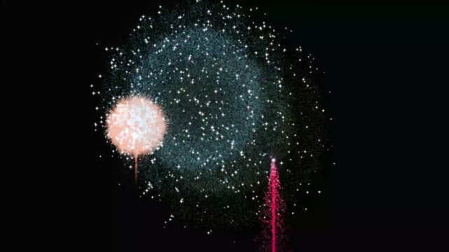 Gold fire works particle effect animation, Classic Fireworks, Fire works motion graphics on black screen background. Beautiful colorful fireworks show in the night sky, 4k, Fireworks in the sky
