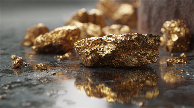 Gleaming Gold Nuggets reflecting on a reflective surface, showcasing mineral richness