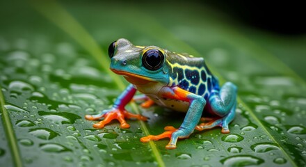 Obraz premium Colorful frog sitting on wet green leaf with water droplets in nature environment