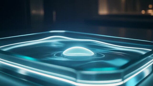 A futuristic, glowing, rectangular object with rounded corners and a spiral design in the center, emitting blue light