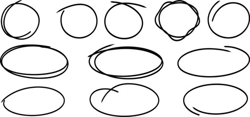 Set of nine hand-drawn black oval shapes and circles sketch outlines isolated on transparent background © SAJID