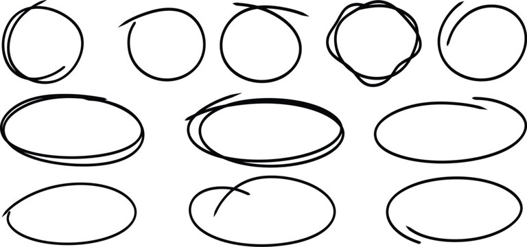 Set of nine hand-drawn black oval shapes and circles sketch outlines isolated on transparent background