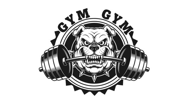Aggressive Bulldog Mascot Logo Holding Barbell in Mouth - Vintage Monochrome Emblem for Gym, Fitness Club, and Weightlifting Apparel