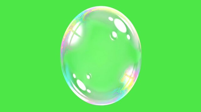 Transparent soap bubble animation with iridescent  rainbow reflection on green screen