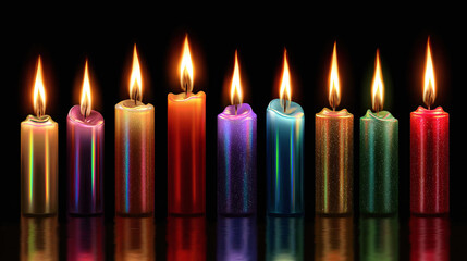 Illuminated candles arranged in a row with vibrant, colored wax and glowing flames. The darkness adds to the contrast with candle's colors. 