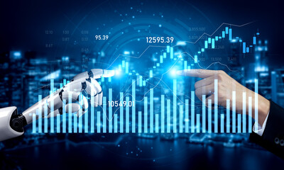 Naklejka premium A human hand reaches out to a robotic hand over vibrant digital finance graphs, illustrating the merging of technology and finance in a modern setting. Scalp