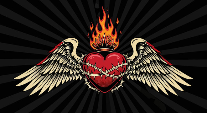 Burning Heart with Angel Wings, Barbed Wire, and Fire. Neo-Traditional Tattoo Style Vector Illustration on Dark Background.