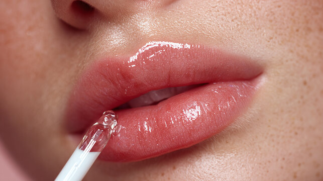 Close-up of a person's lips being glossed