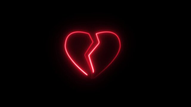 Animation Neon broken red heart icon black background 4k video.	