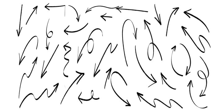 Hand drawn black arrows flying in multiple directions isolated on transparent background