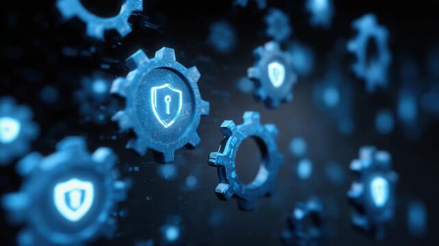 Secure gear icon with keyhole glowing blue cogs representing cybersecurity protection and system integration futuristic network concept with depth of field gear cogwheel protection shield keyhole