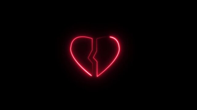 Animation Neon broken red heart icon black background 4k video.	