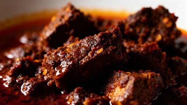 Cinematic aesthetic photo of rendang with rich dark spices, dramatic moody lighting, high resolution, sharp focus, no text, no watermark