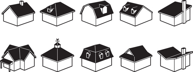 Set of isometric black and white house icons with various roof styles and architectural designs. © NXTall