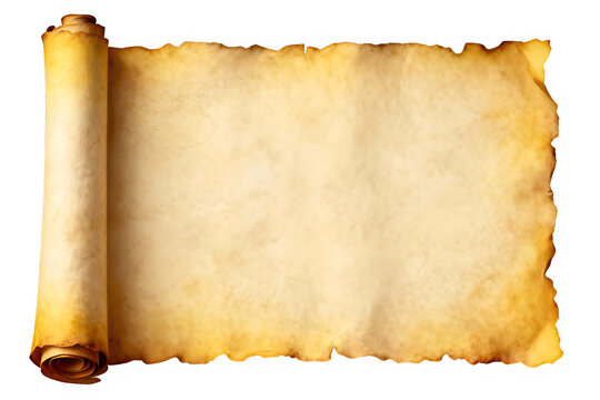 Old parchment scroll PNG isolated on transparent background, antique paper roll for treasure map or historical document design.