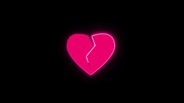 Animation Neon broken red heart icon black background 4k video.	