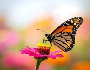 Obraz premium Vivid Monarch butterfly resting on a bright pink and yellow flower