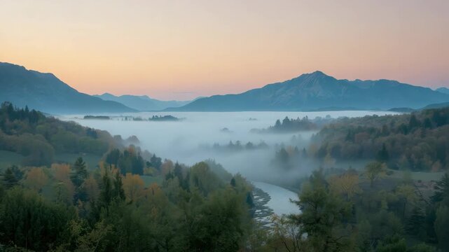 Misty valley sunrise with layered mountain fog, soft pastel sky drifting through trees