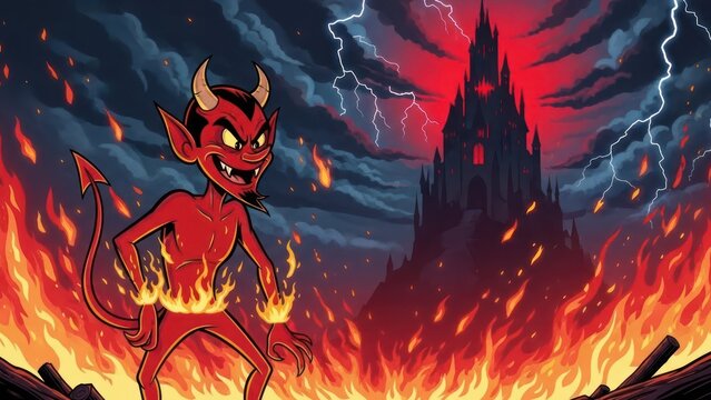 Cartoonish devil emerging from the hellscape with gothic castle background