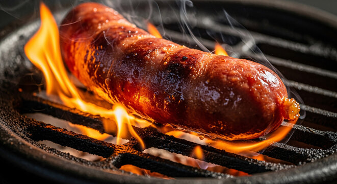 Juicy sausage cooking over open flames on grill with smoke and char marks
