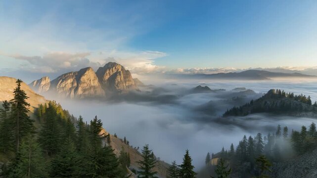 Misty mountain valley at sunrise with evergreen forest, layered fog on tranquil peak