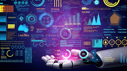 Fototapeta premium AI artificial intelligence drives data analytics with predictive models, smart dashboards, and virtual assistant insights for data-driven business decisions.