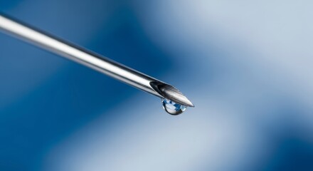 Close-up of syringe needle droplet.