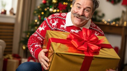 Fototapeta premium Joyful man with festive mustache and reindeer sweater holding a Christmas gift with tree backdrop
