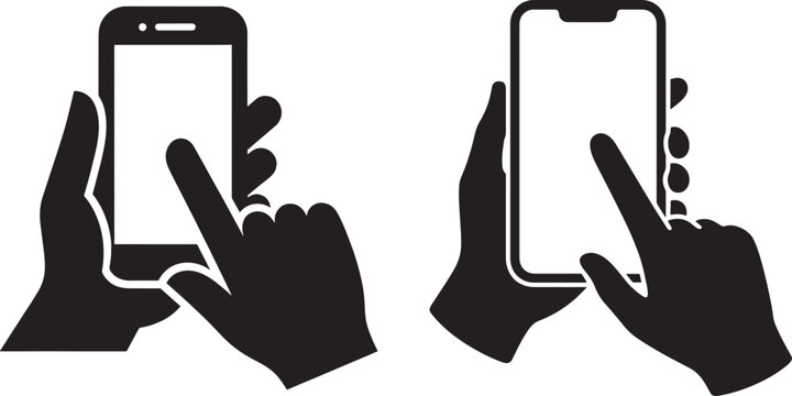 Black and white icons of hands with mobile phone