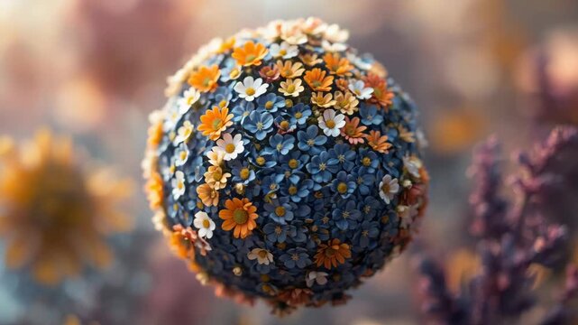 Vintage floral sphere blue and orange daisy flower covered sphere with warm soft bokeh