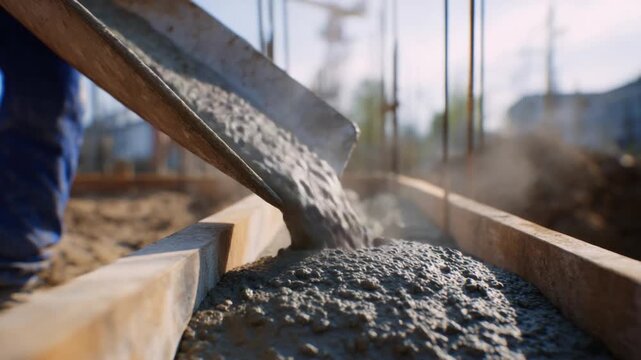 Pouring Concrete: An image captures the process of concrete pouring with close-up shot of concrete pouring out from a construction vehicle, forming a sturdy foundation.