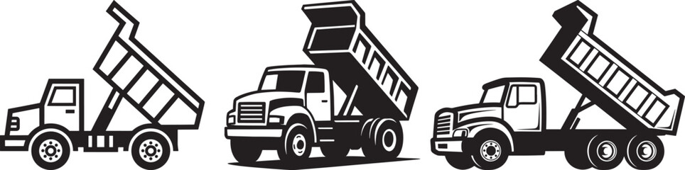 Set of black and white dump trucks in various states of unloading, for construction and logistics. © NXTall