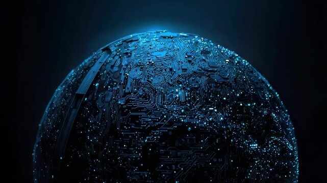 Blue illuminated circuit globe network technology with glowing futuristic nodes and moody texture