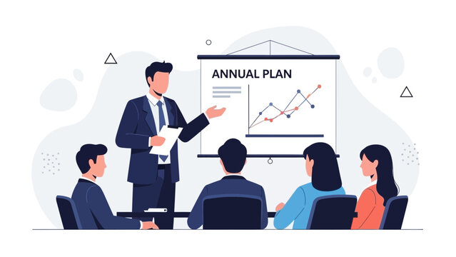 Business meeting: man presenting annual plan graph to colleagues